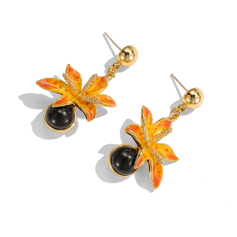 Orange Blossom Flower With Black Agate Enamel Stud Dangle Earrings1