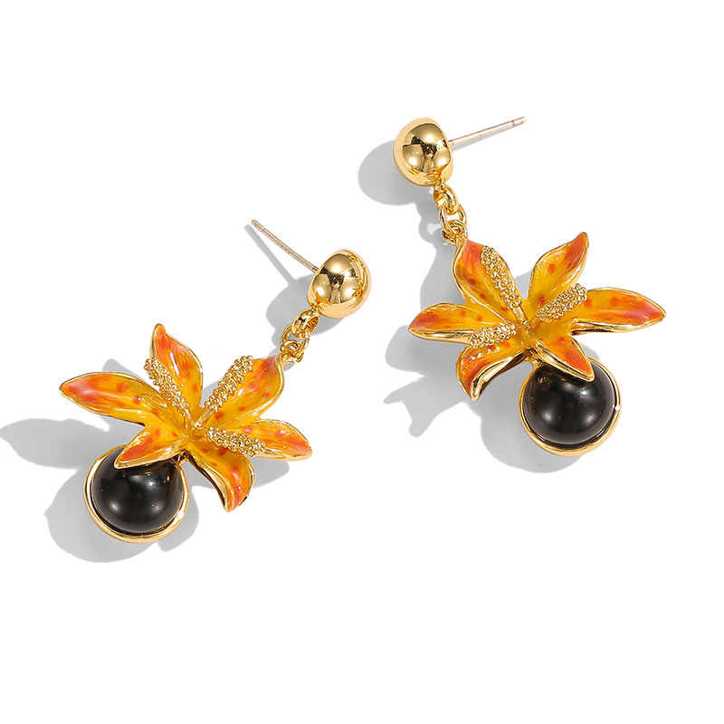 Orange Blossom Flower With Black Agate Enamel Stud Dangle Earrings2
