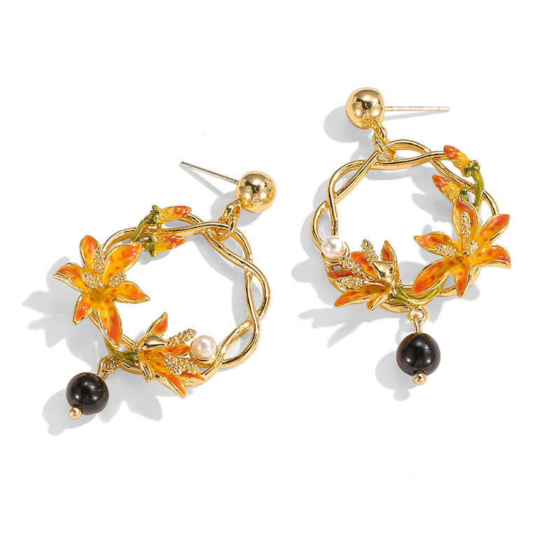 Orange Blossom Flower With Black Agate Enamel Stud Hoop Dangle Earrings1