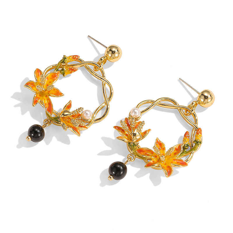 Orange Blossom Flower With Black Agate Enamel Stud Hoop Dangle Earrings2