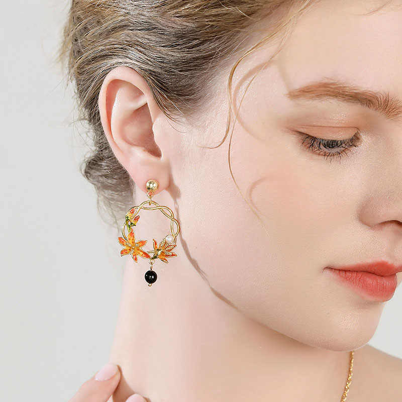 Orange Blossom Flower With Black Agate Enamel Stud Hoop Dangle Earrings