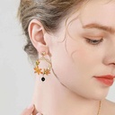 Orange Blossom Flower With Black Agate Enamel Stud Hoop Dangle Earrings