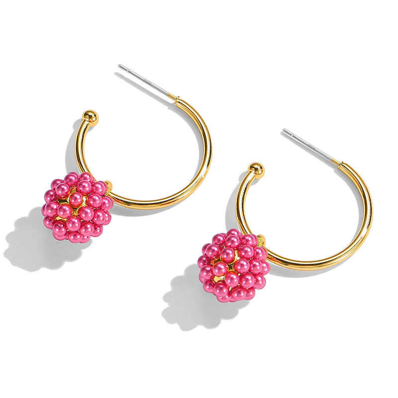 Raspberry Enamel C Shape Stud Hoop Dangle Earrings2