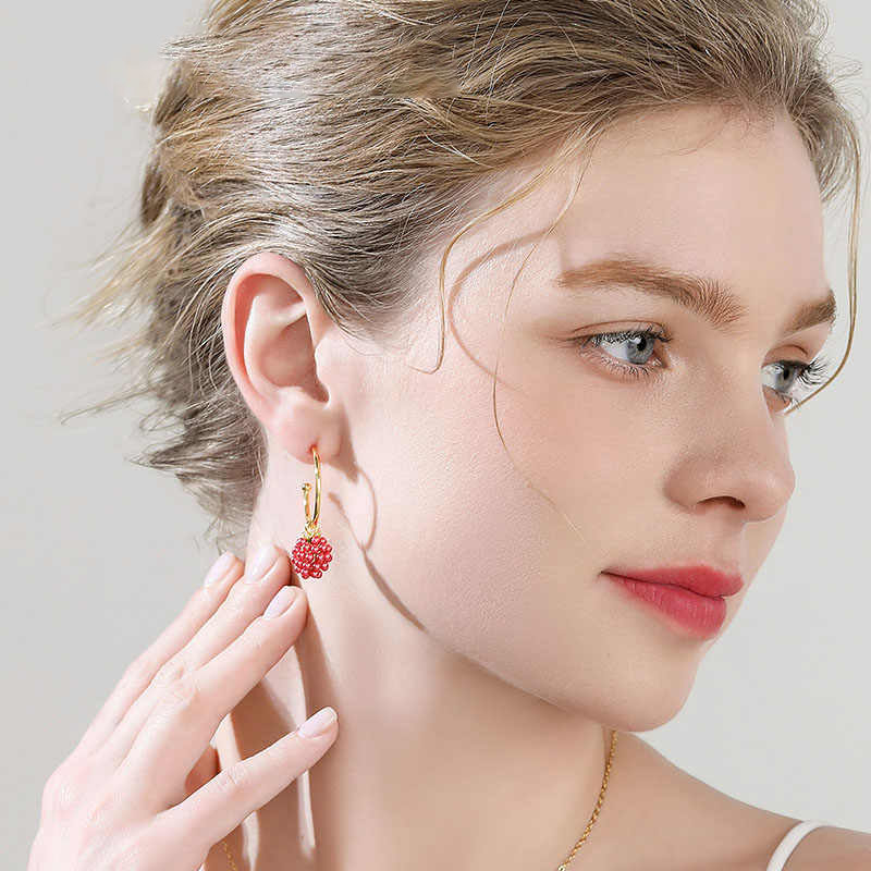 Raspberry Enamel C Shape Stud Hoop Dangle Earrings3