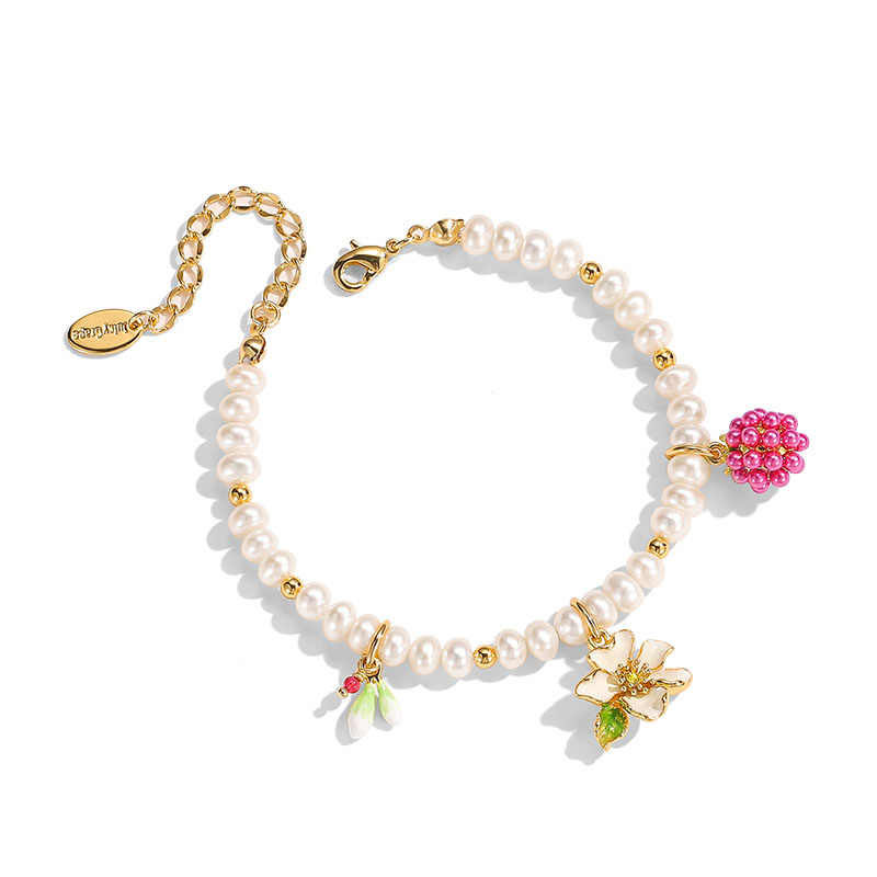 Flower And Raspberry Enamel Pearl Srand Bracelet1