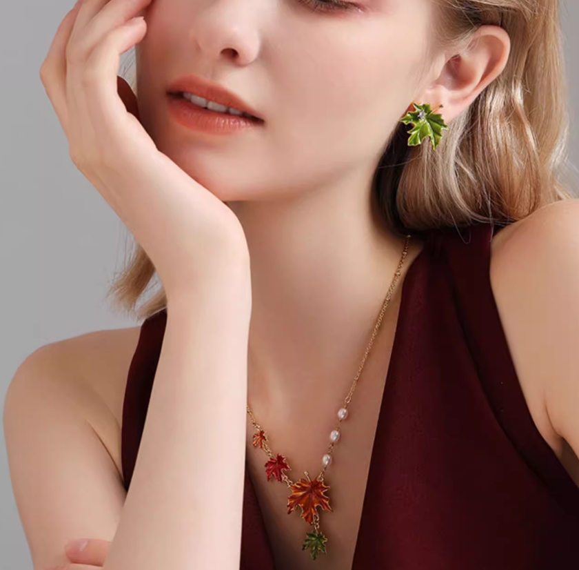 Maple Leaf With Zircon Enamel Stud Earrings3