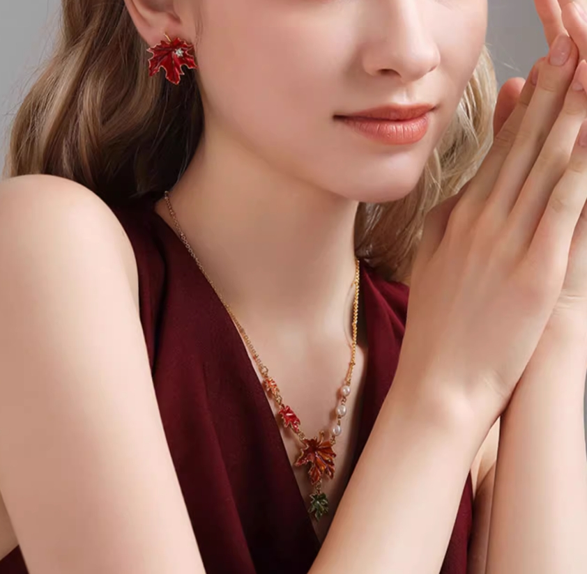 Maple Leaf With Zircon Enamel Stud Earrings