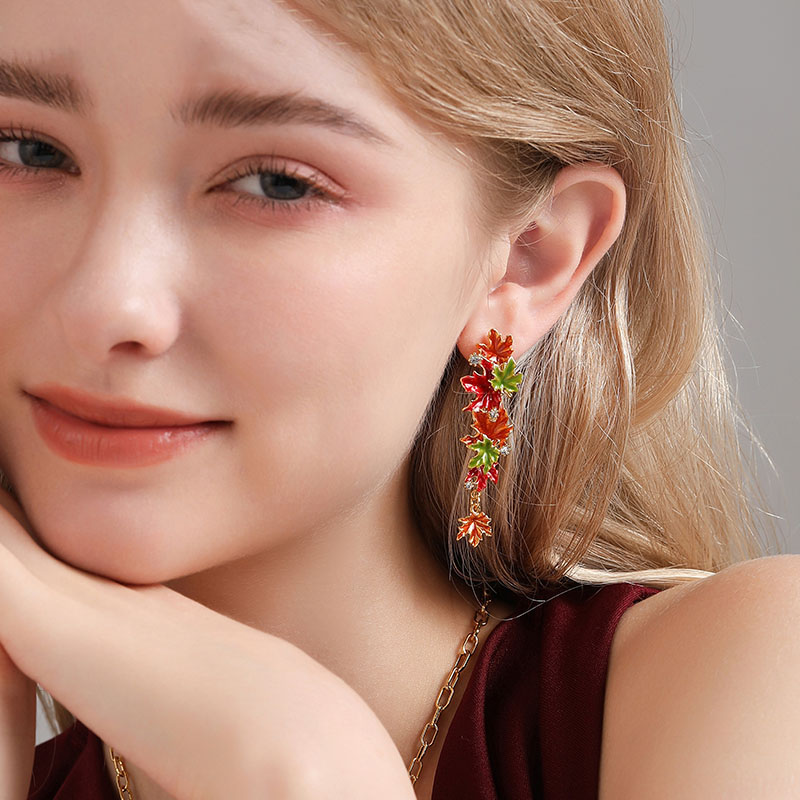 Maple Leaf And Zircon Enamel Dangle Stud EarringsAdjustable Ring3