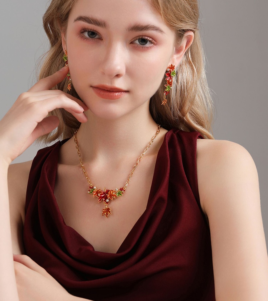 Maple Leaf And Zircon Enamel Dangle Stud EarringsAdjustable Ring5