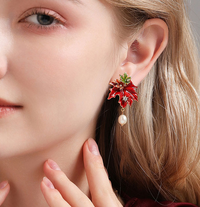 Maple Leaf With Zircon Pearl Enamel Dangle Stud Earrings3