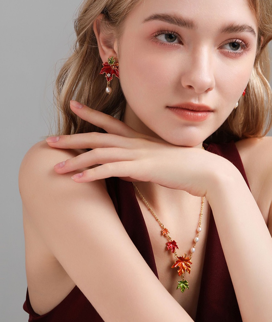 Maple Leaf With Zircon Pearl Enamel Dangle Stud Earrings4