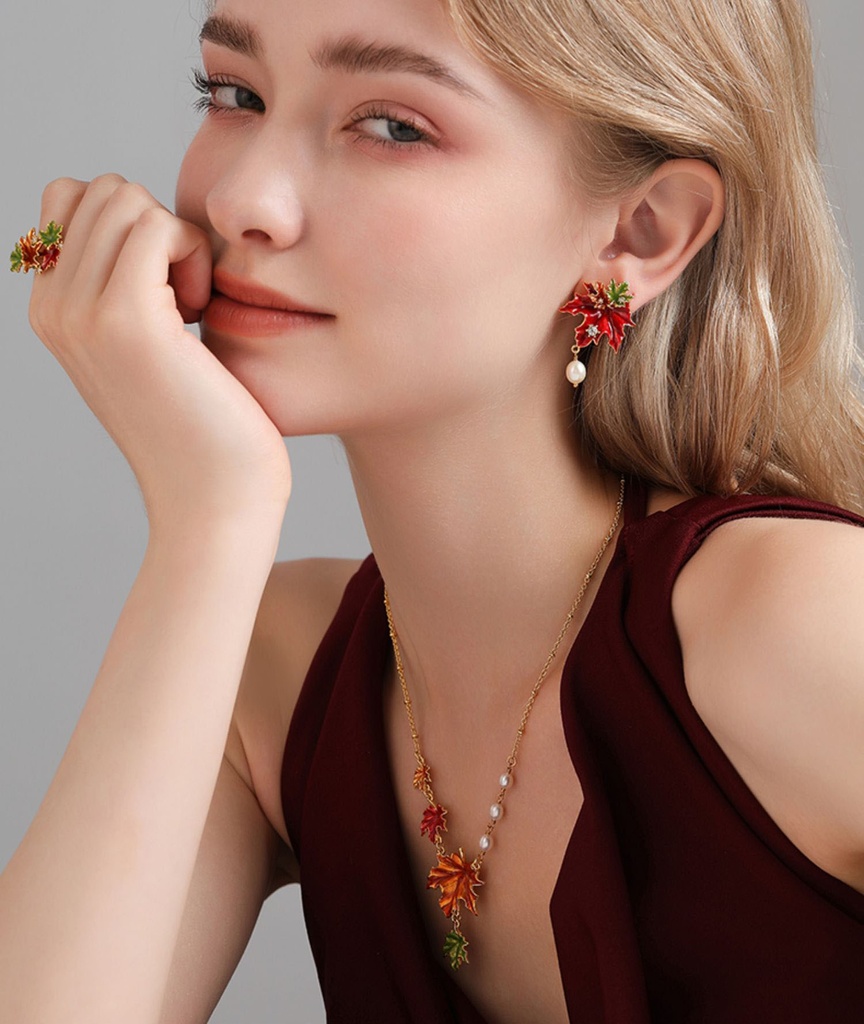 Maple Leaf With Zircon Pearl Enamel Dangle Stud Earrings5