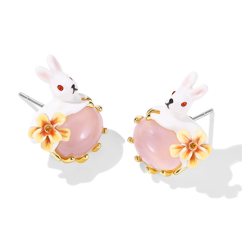 Cute Rabbit Bunny With Stone Flower Enamel Stud Earrings