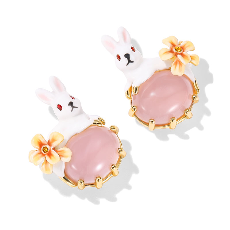 Cute Rabbit Bunny With Stone Flower Enamel Stud Earrings1