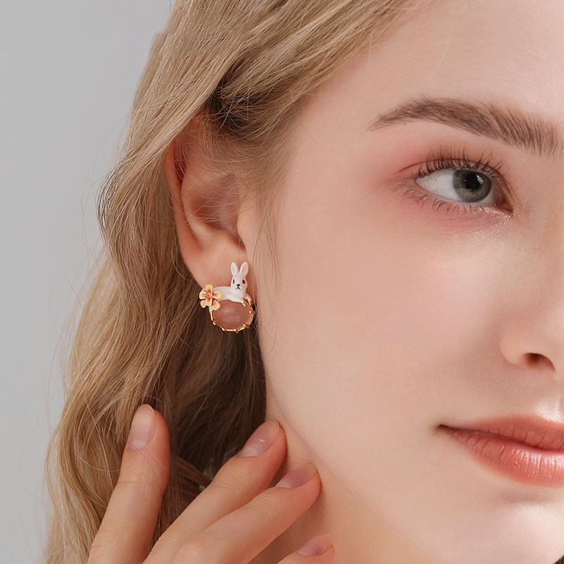 Cute Rabbit Bunny With Stone Flower Enamel Stud Earrings2