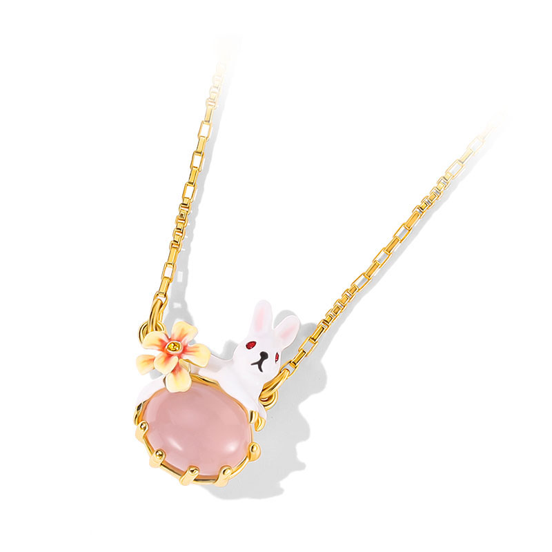 Cute Rabbit Bunny With Stone Flower Enamel Pendant Necklace1