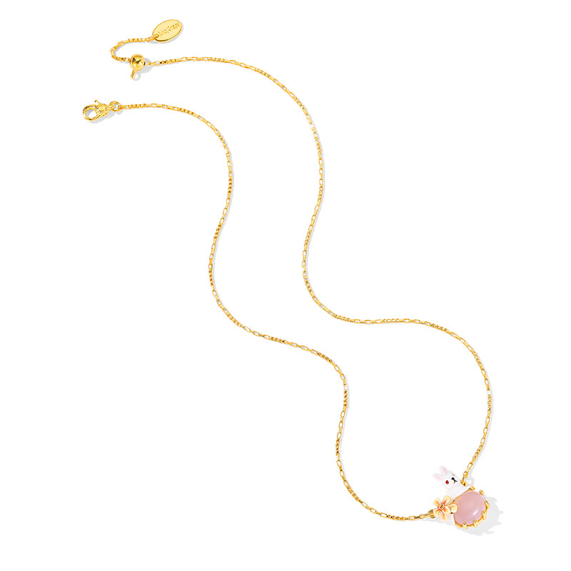 Cute Rabbit Bunny With Stone Flower Enamel Pendant Necklace3