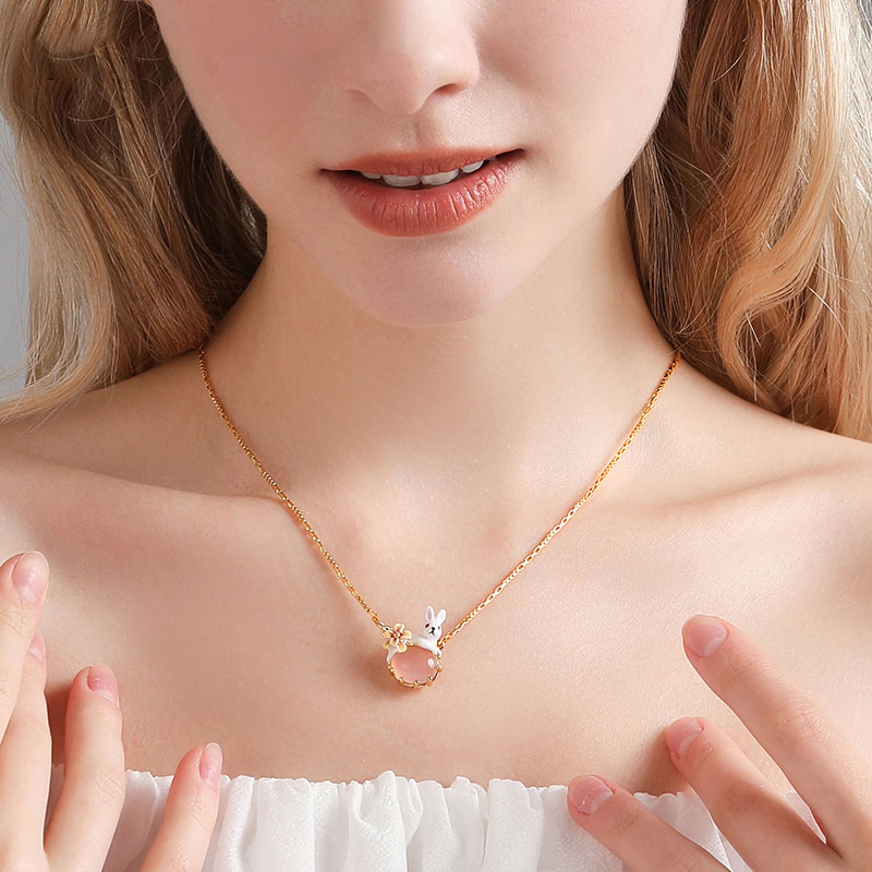 Cute Rabbit Bunny With Stone Flower Enamel Pendant Necklace2