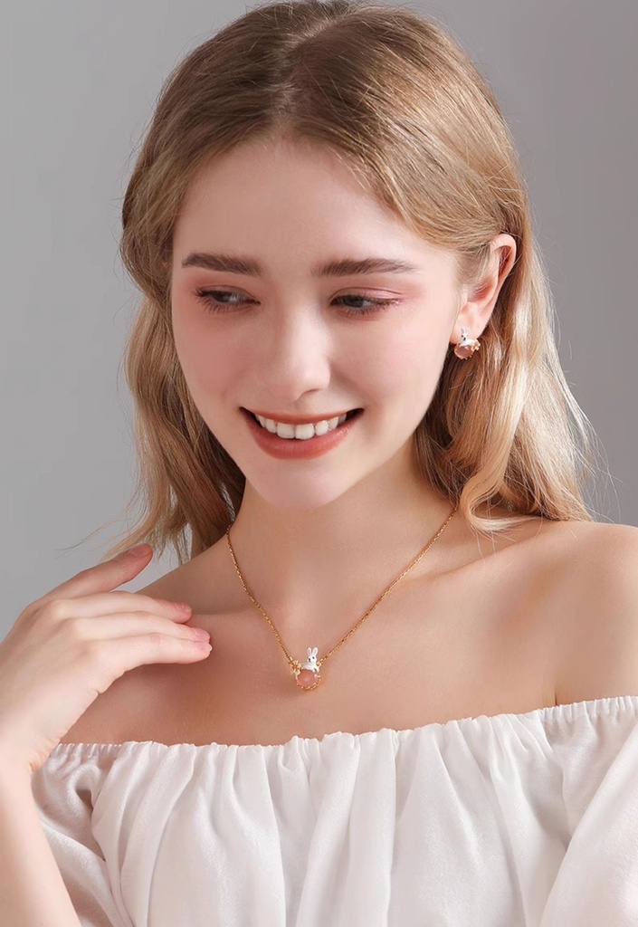 Cute Rabbit Bunny With Stone Flower Enamel Pendant Necklace4