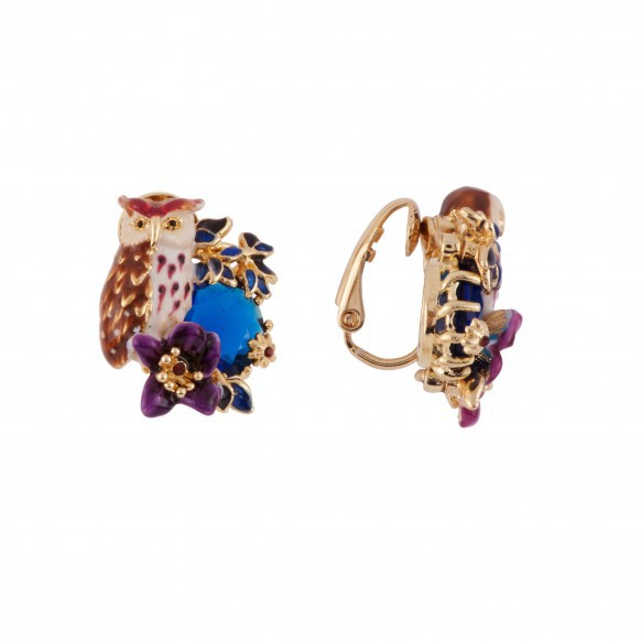 Enamel Glazed Purple Owl Series Asymmetric Lake Blue Crystal Stud Clip Gold Plated Earrings