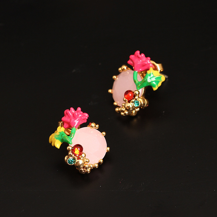 Enamel Glazed Flower Series Gemstone Stud Earrings 925 Silver Needle Gold Plated