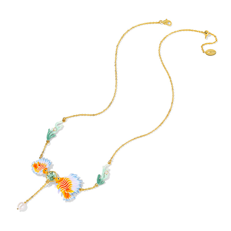 Fish Coral Zircon And Pearl Enamel Pendant Necklace1