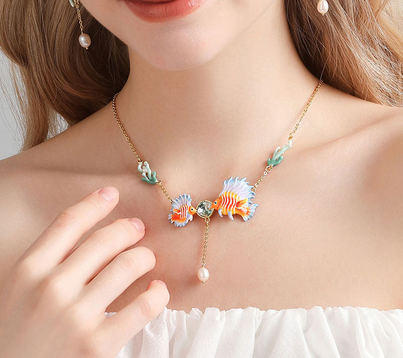 Fish Coral Zircon And Pearl Enamel Pendant Necklace3