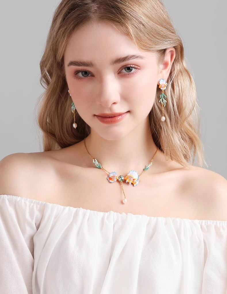 Fish Coral Zircon And Pearl Enamel Pendant Necklace2