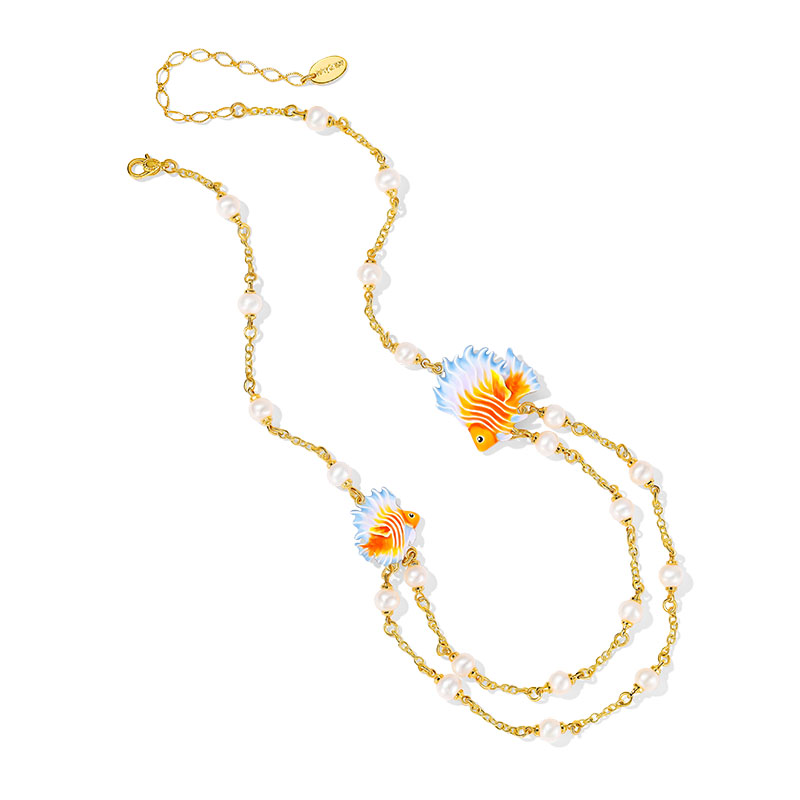Fish And Pearl Enamel Strand Chain Necklace1