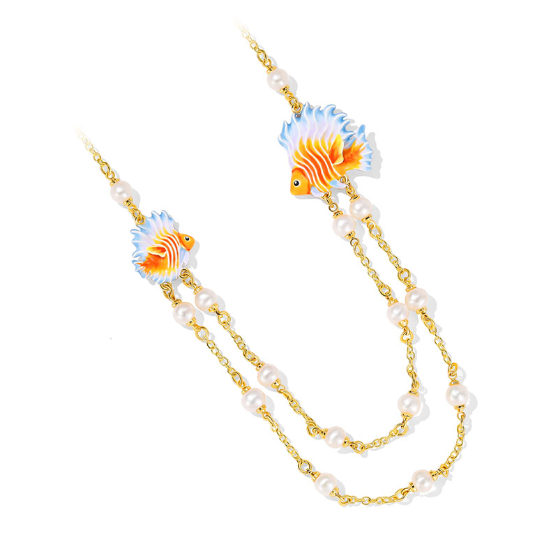 Fish And Pearl Enamel Strand Chain Necklace2