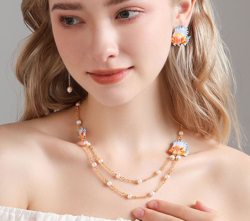 Fish And Pearl Enamel Strand Chain Necklace3
