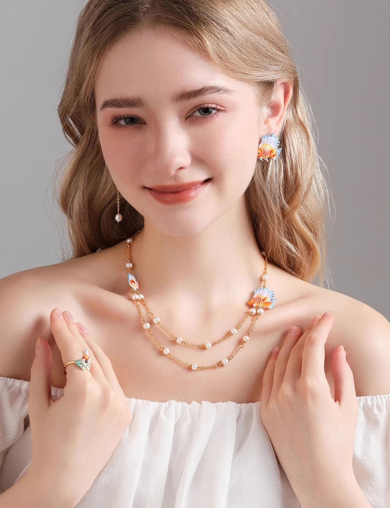 Fish And Pearl Enamel Strand Chain Necklace4