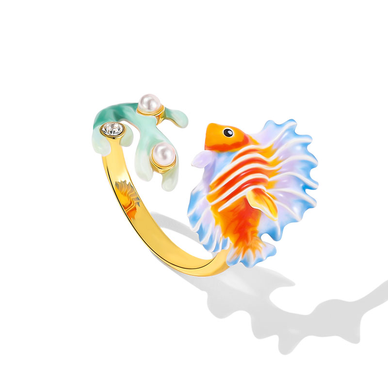 Fish Coral With Pearl Enamel Adjustable Ring1