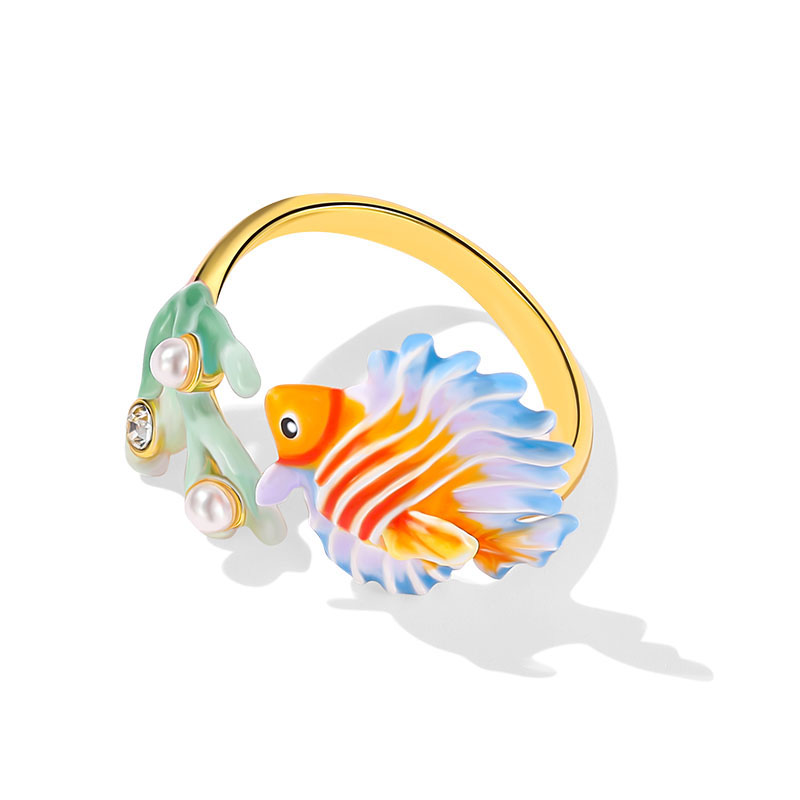 Fish Coral With Pearl Enamel Adjustable Ring2