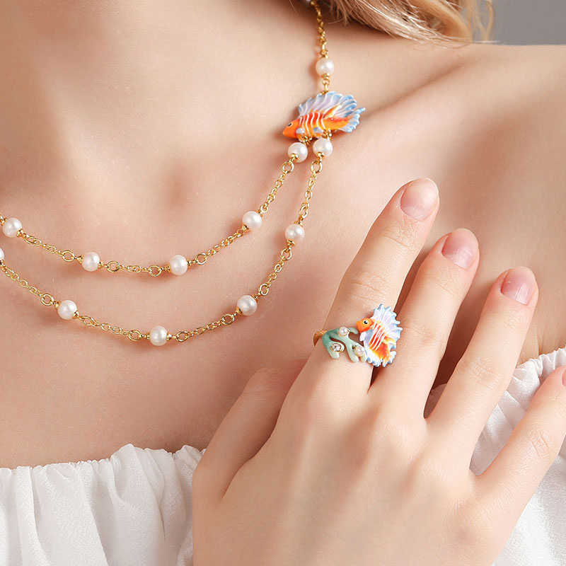 Fish Coral With Pearl Enamel Adjustable Ring3