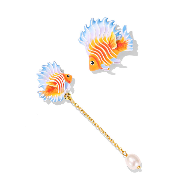 Tropical Fish And Pearl Enamel Asymmetrical Stud Earrings1
