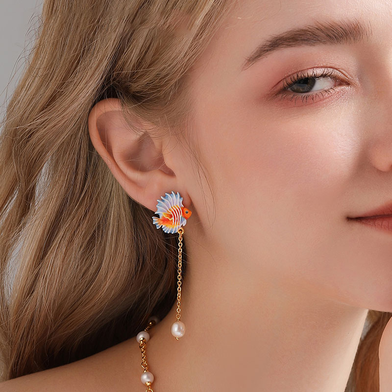 Tropical Fish And Pearl Enamel Asymmetrical Stud Earrings3