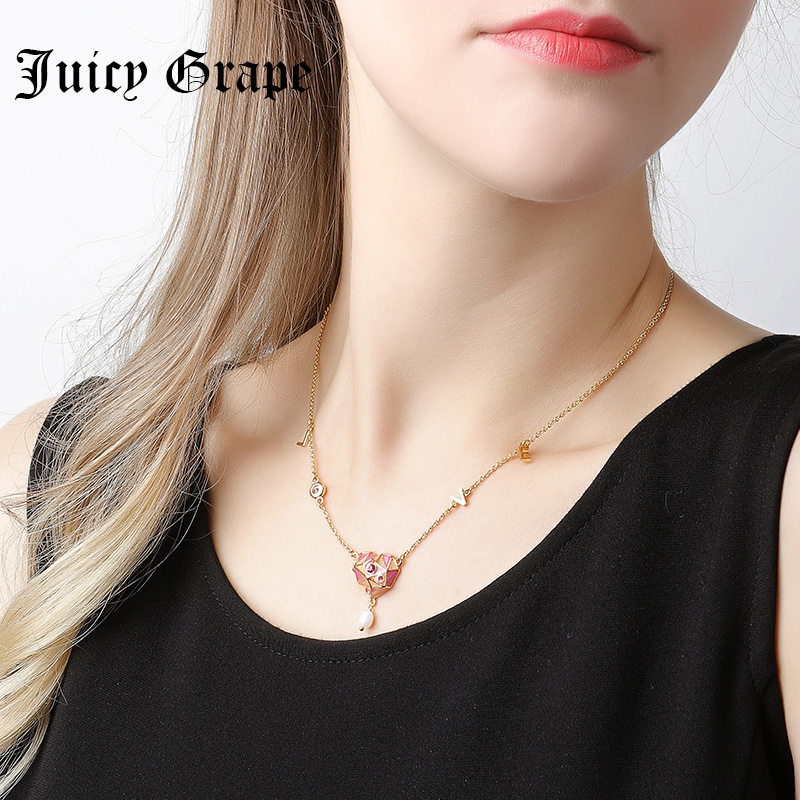 Enamel Glazed Heart Love Inlaid Zircon Natural Pearl Clavicle Chain Necklace 18K Gold Plated