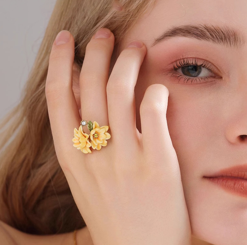 Yellow Flower Cardenia Crystal Enamel Adjustable Ring Jewelry Gift3