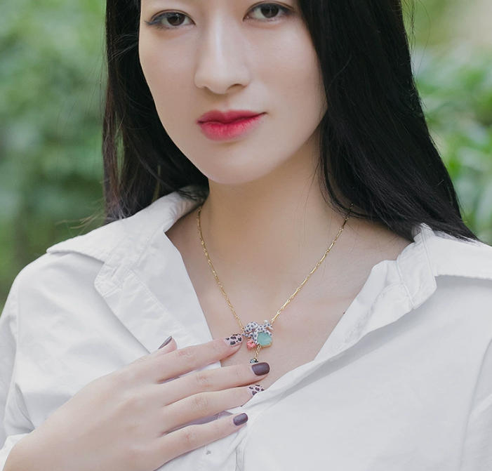 Octopus Red Coral And Green Stone Enamel Pendant Necklace Jewelry Gift