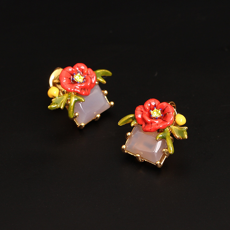 Enamel Glazed Red Rose Stud Earrings Zircon Gold Plated 925 Silver Needle