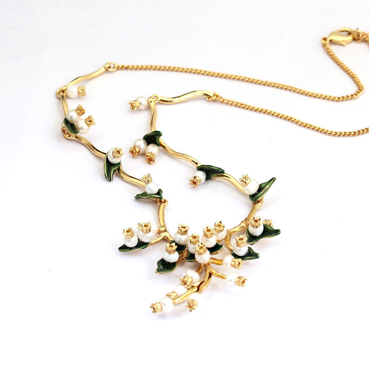 Enamel Glazed Leaf Natural Pearl Hook Earrings Necklace Set  Gold Plated Copper