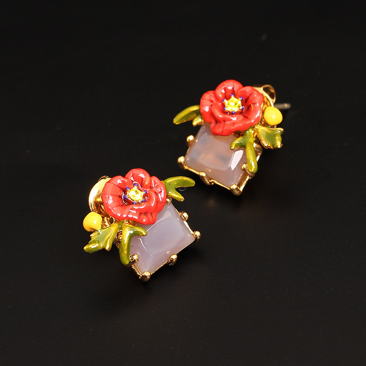Enamel Glazed Red Rose Stud Earrings Zircon Gold Plated 925 Silver Needle