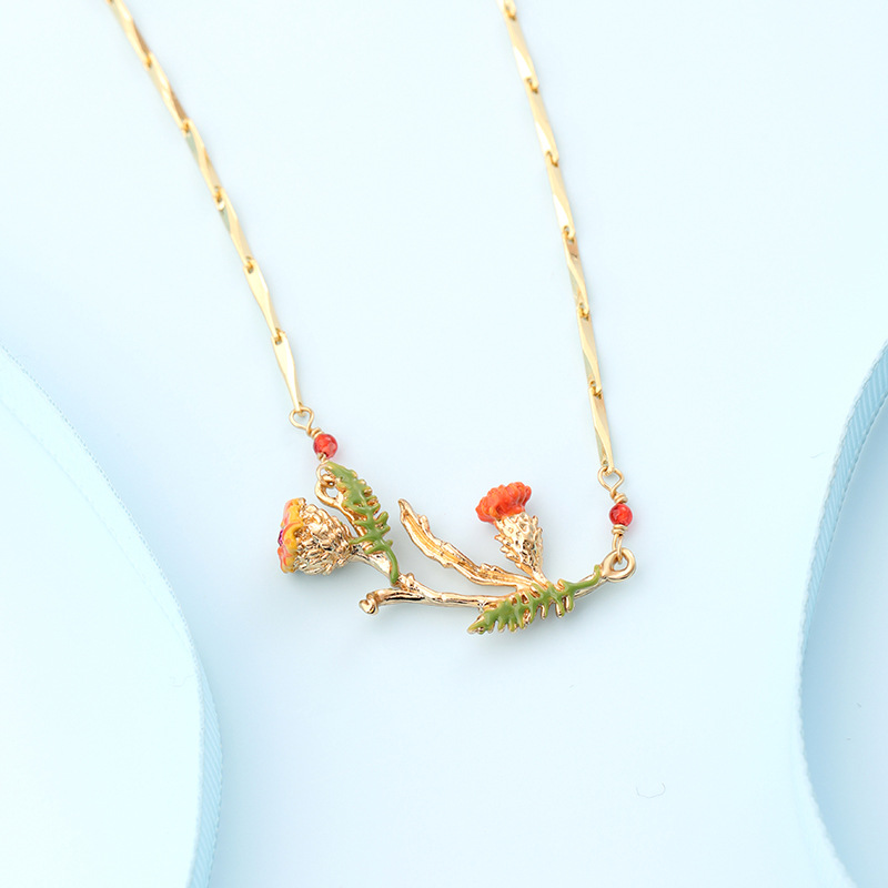 Enamel Glazed Mimosa Plant Clavicle Chain Necklace 18K Gold Plated Copper