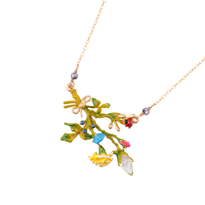 Enamel Glazed Rose Flower Ladybug Crystal Rhinestone Irregular Clavicle Chain Necklace