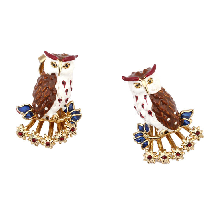 Enamel Glazed Owl Series Asymmetric Red Crystal Rhinestone Zircon Earrings