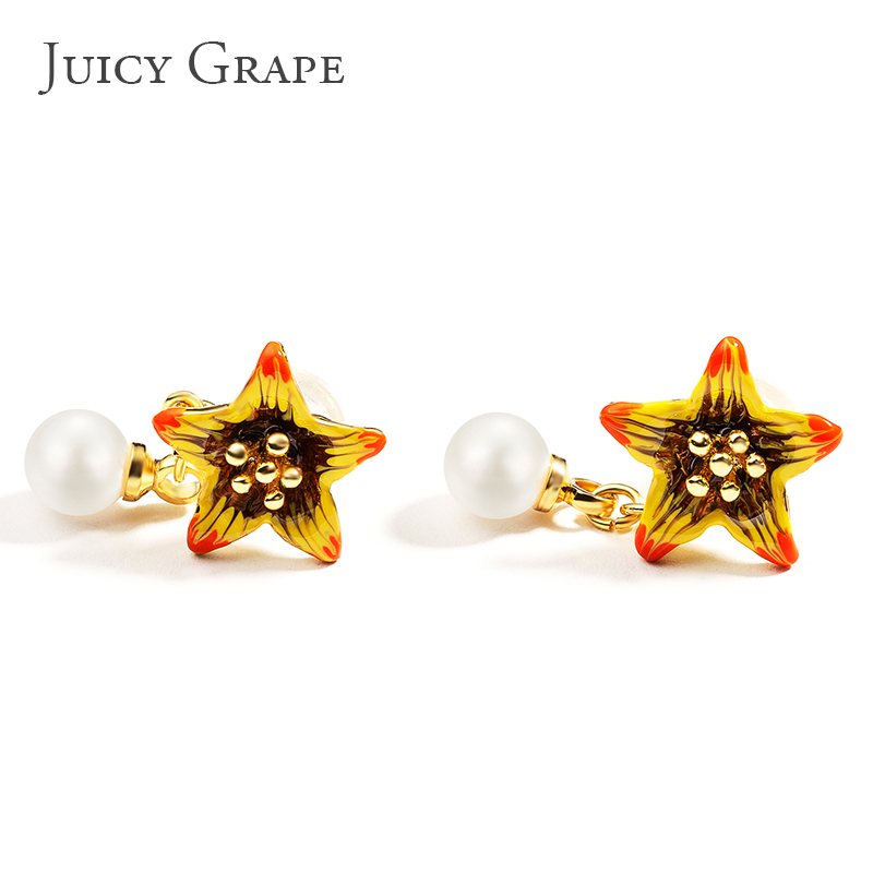 Enamel Glazed Star Flower Pearl Stud Earrings 925 Silver Needle