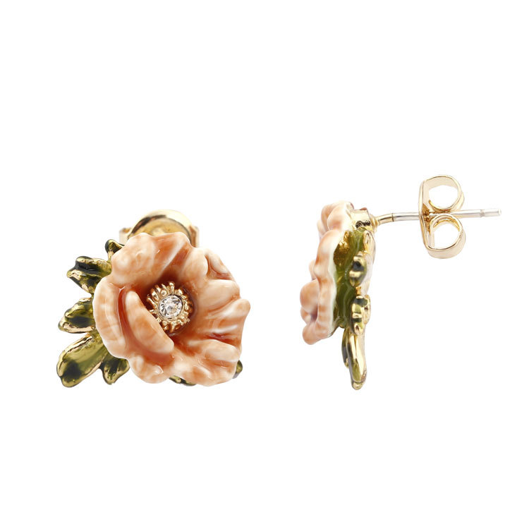 Enamel Glazed Peony Flower Garden Series Crystal Rhinestone Stud Earrings 925 Silver Needle