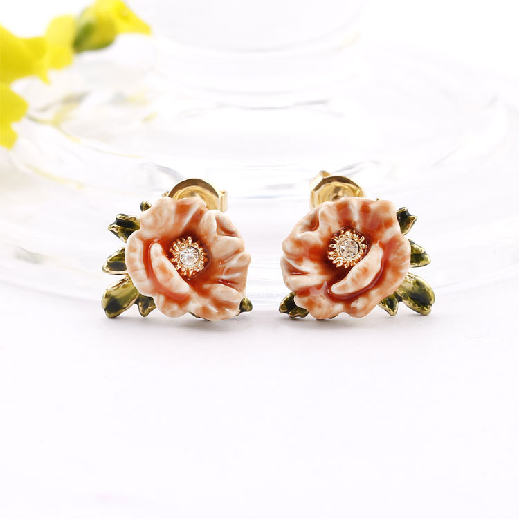 Enamel Glazed Peony Flower Garden Series Crystal Rhinestone Stud Earrings 925 Silver Needle