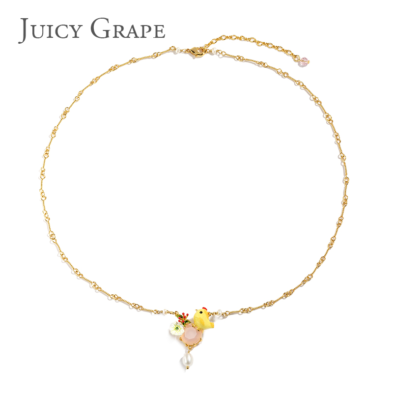 Enamel Glazed Yellow Chick Inlaid Gem Natural Pearl Clavicle Chain Necklace 18K Gold Plated